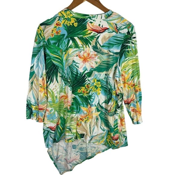 Chicos Women's 3/4 sleeve Tropical Top Size 2 L 12 Vacation Hawaii Rayon/Spandex - Picture 2 of 9